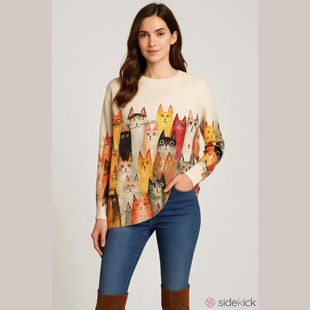 Womens Plus Size All Over Cat Party Print Long Sleeve Pullover Sweater Size XXL